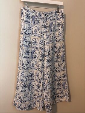 C & C CALIFORNIA 100% LINEN WIDE LEG CROP PANTS TROPICAL SCENIC PATCHWORK